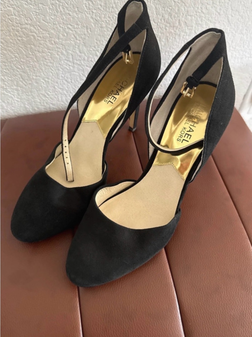 Michael Kors Black Suede D'Orsay Ankle Strap Heels with Gold Insole